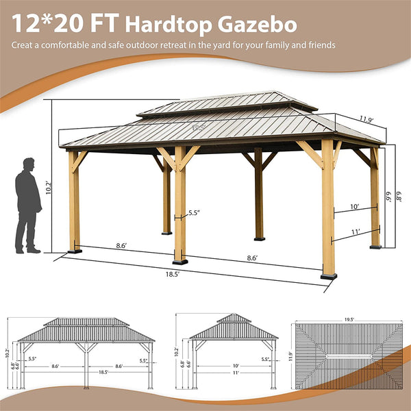 English Elm 12'X20' Hardtop Gazebo - Stylish Cedar Frame Canopy With Steel Double Roof, Curtains & Netting For Outdoor Comfort W1859S00019