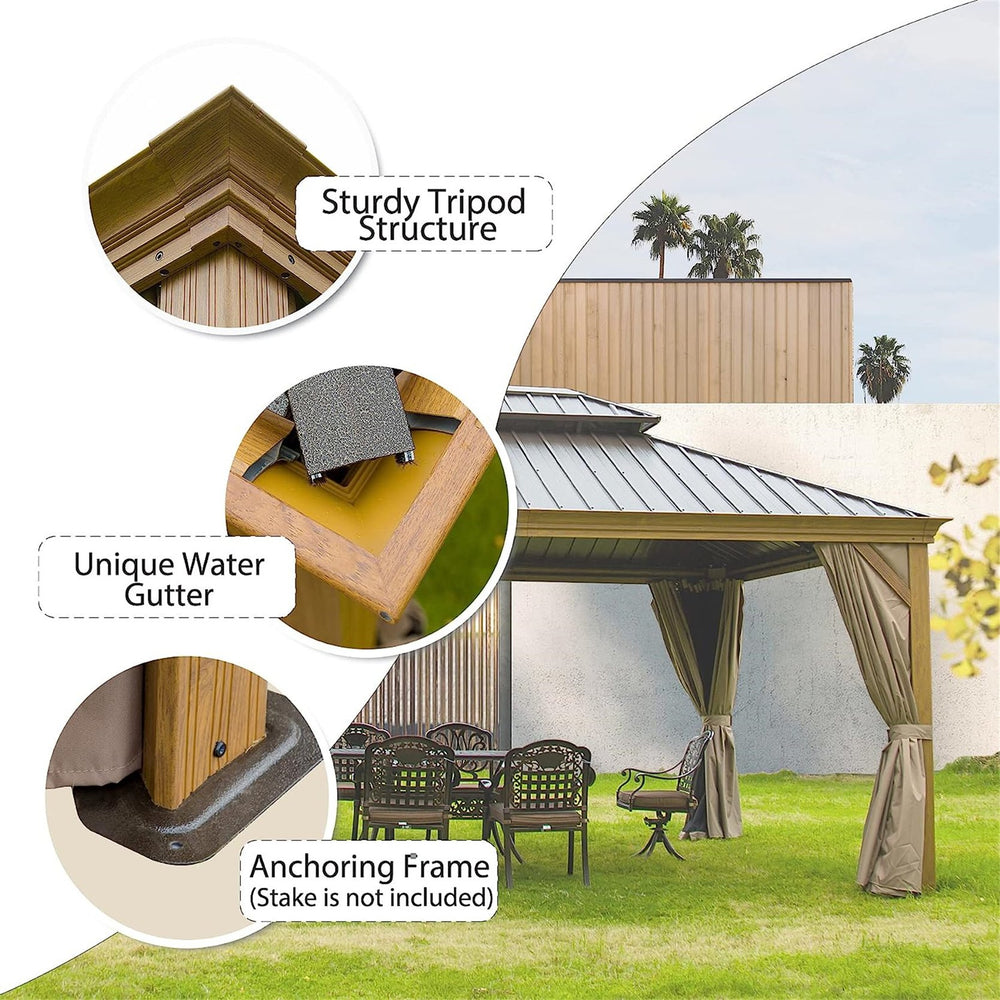 English Elm 12'X14' Stylish Hardtop Gazebo With Ventilated Double Roof, Weather-Resistant Frame & Curtains W1859S00011