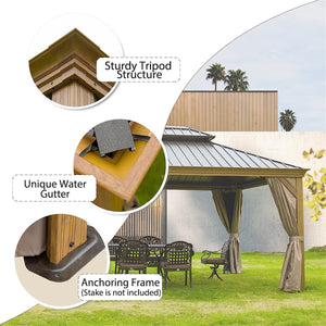 English Elm 12'X14' Stylish Hardtop Gazebo With Ventilated Double Roof, Weather-Resistant Frame & Curtains W1859S00011