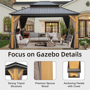 English Elm 12'X14' Hardtop Gazebo – Stylish Cedar Frame Pavilion With Double Roof, Curtains & Netting For Outdoors W1859S00018