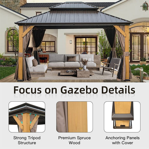 English Elm 12'X14' Hardtop Gazebo – Stylish Cedar Frame Pavilion With Double Roof, Curtains & Netting For Outdoors W1859S00018