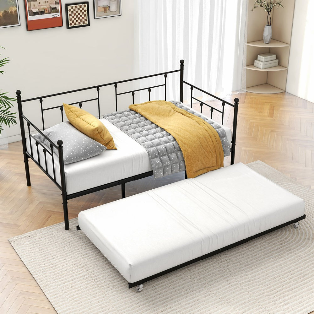 English Elm Twin Metal Daybed with Adjustable Trundle Wheels, Space-Saving Twin Sofa Bed Frame for Guests W840104493