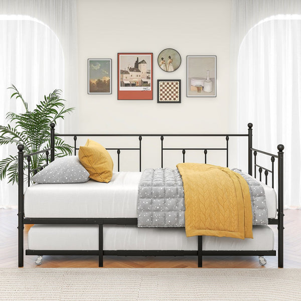 English Elm Twin Metal Daybed with Adjustable Trundle Wheels, Space-Saving Twin Sofa Bed Frame for Guests W840104493