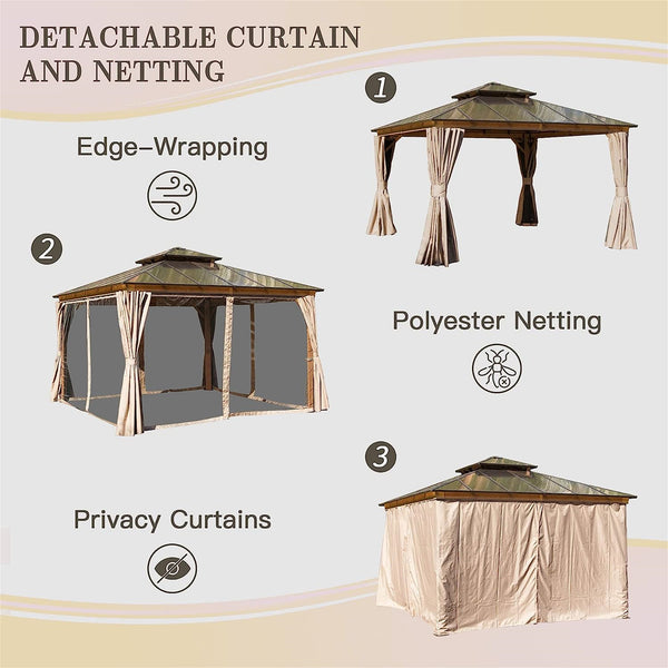 English Elm 12'X12' Hardtop Gazebo - Elegant Aluminum Pavilion With Double Roof, Curtains & Insect Netting For Outdoor Relaxation W1859S00024