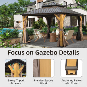 English Elm 12'X12' Hardtop Gazebo - Premium Cedar Frame Canopy With Ventilated Steel Roof & Integrated Curtains W1859S00017