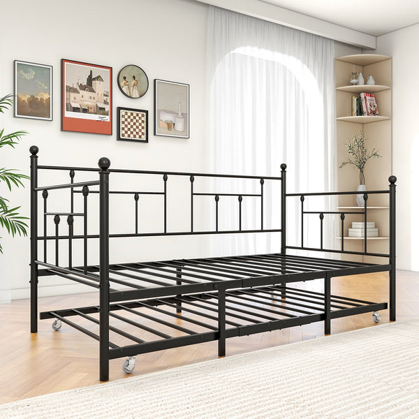 English Elm Twin Metal Daybed with Adjustable Trundle Wheels, Space-Saving Twin Sofa Bed Frame for Guests W840104493