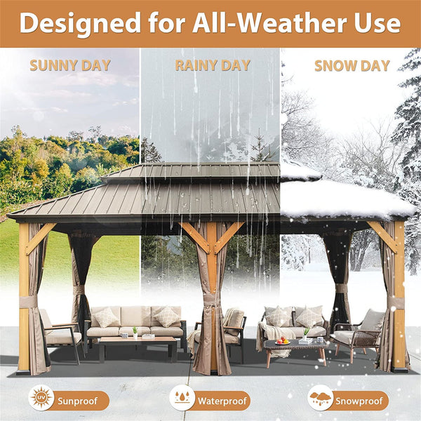 English Elm 12'X20' Hardtop Gazebo - Stylish Cedar Frame Canopy With Steel Double Roof, Curtains & Netting For Outdoor Comfort W1859S00019