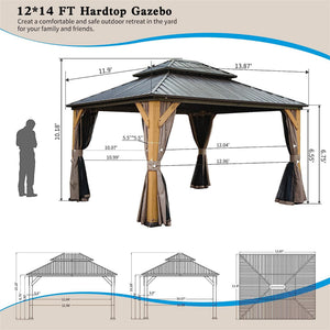 English Elm 12'X14' Hardtop Gazebo – Stylish Cedar Frame Pavilion With Double Roof, Curtains & Netting For Outdoors W1859S00018
