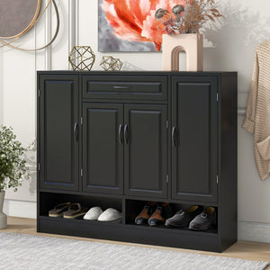English Elm On-trend White Entryway Shoe Cabinet Grooved Doors Adjustable Shelves Sideboard WF304415AAB
