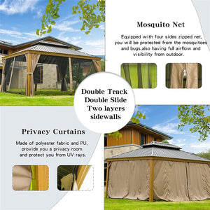 English Elm 12'X14' Stylish Hardtop Gazebo With Ventilated Double Roof, Weather-Resistant Frame & Curtains W1859S00011