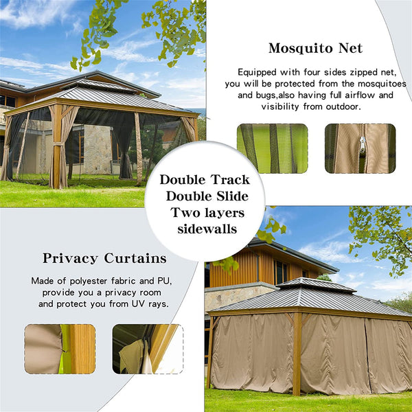 English Elm 12'X14' Stylish Hardtop Gazebo With Ventilated Double Roof, Weather-Resistant Frame & Curtains W1859S00011