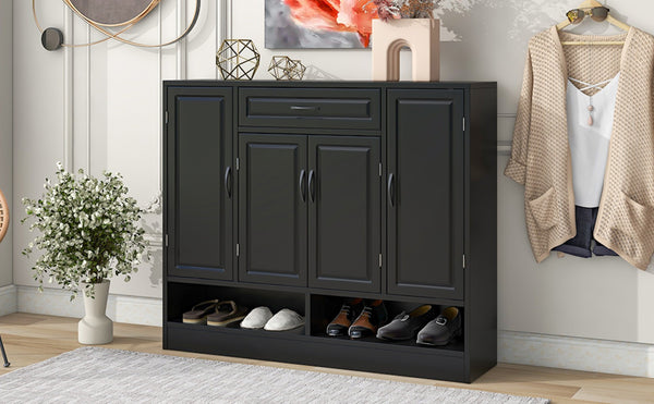 English Elm On-trend White Entryway Shoe Cabinet Grooved Doors Adjustable Shelves Sideboard WF304415AAB