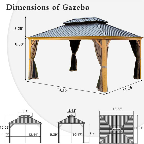 English Elm 12'X14' Stylish Hardtop Gazebo With Ventilated Double Roof, Weather-Resistant Frame & Curtains W1859S00011