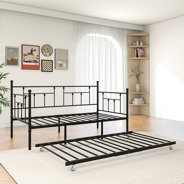 English Elm Twin Metal Daybed with Adjustable Trundle Wheels, Space-Saving Twin Sofa Bed Frame for Guests W840104493