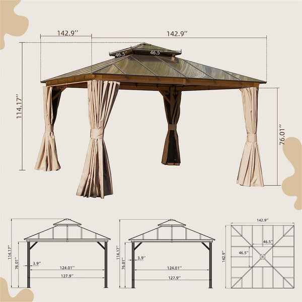 English Elm 12'X12' Hardtop Gazebo - Elegant Aluminum Pavilion With Double Roof, Curtains & Insect Netting For Outdoor Relaxation W1859S00024