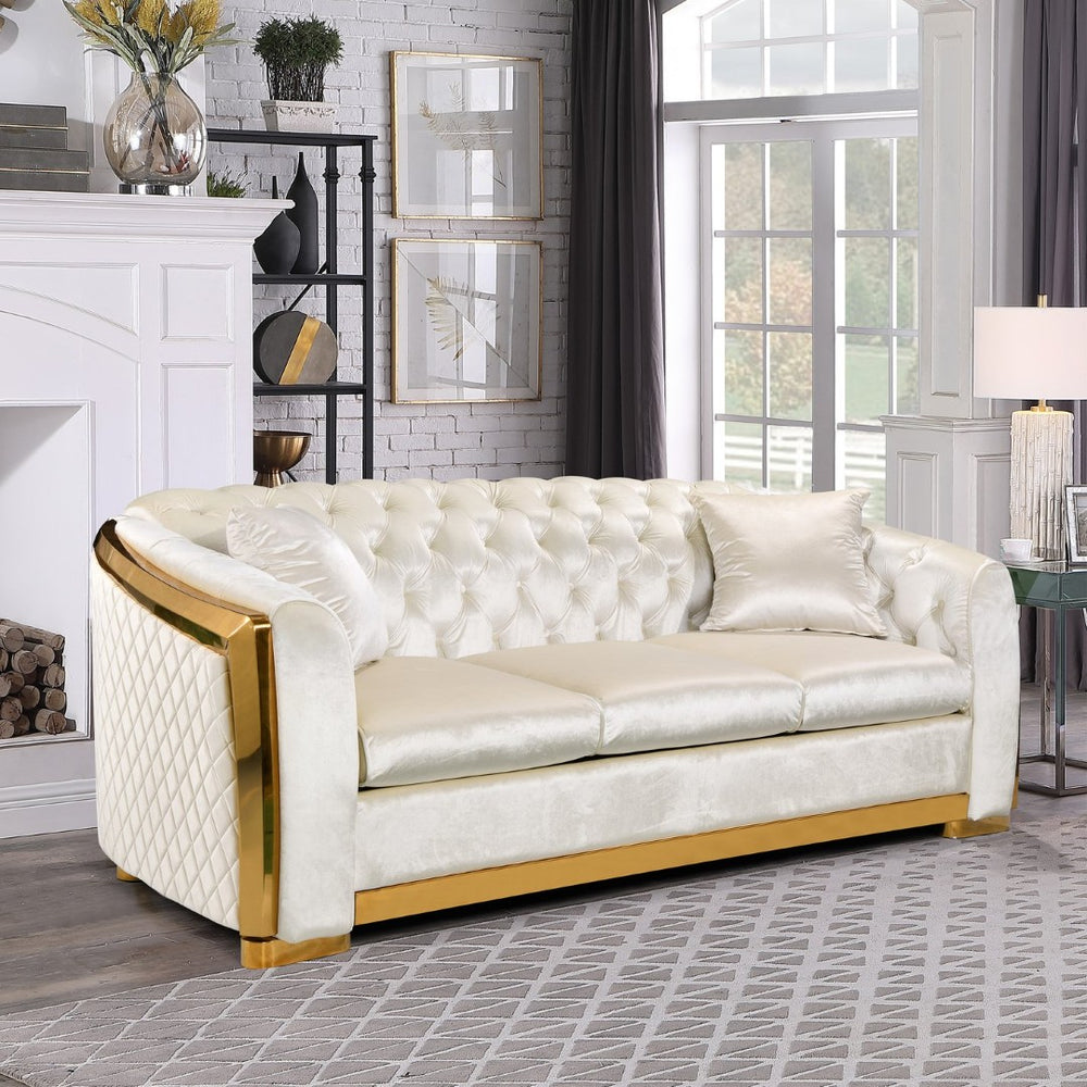 English Elm 81" Tufted Velvet Chesterfield Sofa with Gold Steel Legs for Elegant Living Rooms W1191S00015