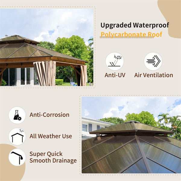 English Elm 12'X12' Hardtop Gazebo - Elegant Aluminum Pavilion With Double Roof, Curtains & Insect Netting For Outdoor Relaxation W1859S00024