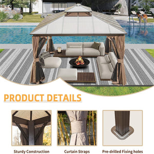 English Elm 12'X12' Hardtop Gazebo - Stylish Aluminum Pavilion With Double Roof, Curtains & Net For Outdoor Comfort W1859S00023