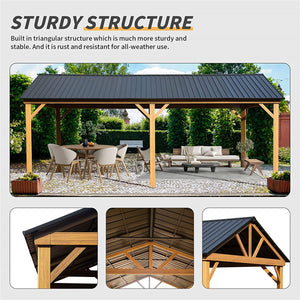 English Elm 12x20ft Hardtop Gazebo Galvanized Gable Roof Pergola with Wood-Grain Aluminum Frame, Durable 240ft² Outdoor Pavilion W1859S00015