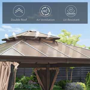 English Elm 12'X12' Hardtop Gazebo - Stylish Aluminum Pavilion With Double Roof, Curtains & Net For Outdoor Comfort W1859S00023