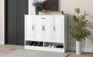 English Elm On-trend White Entryway Shoe Cabinet Grooved Doors Adjustable Shelves Sideboard WF304415AAK