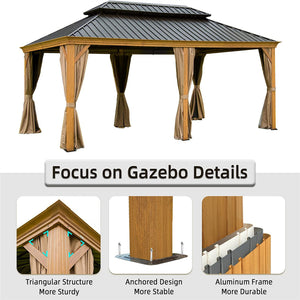 English Elm 12'X18' Elegant Hardtop Gazebo With Wood-Look Aluminum Frame, Double Roof, Curtains & Netting For Patios W1859S00016