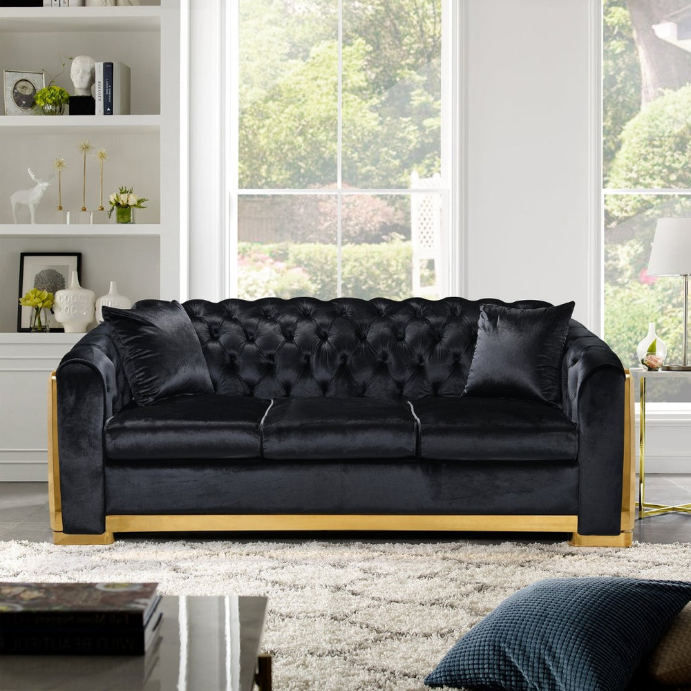 English Elm 81" Tufted Velvet Chesterfield Sofa with Gold Steel Legs for Elegant Living Rooms W1191S00016
