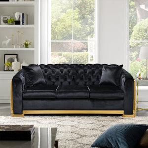 English Elm 81" Tufted Velvet Chesterfield Sofa with Gold Steel Legs for Elegant Living Rooms W1191S00016