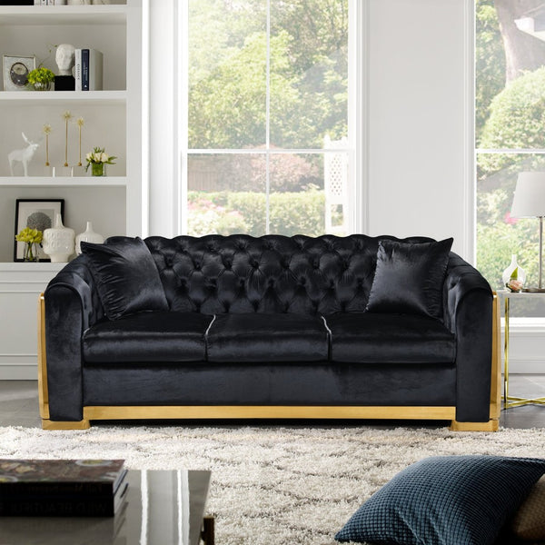English Elm 81" Tufted Velvet Chesterfield Sofa with Gold Steel Legs for Elegant Living Rooms W1191S00016