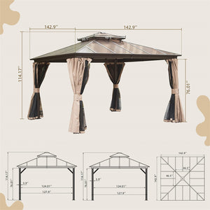 English Elm 12'X12' Hardtop Gazebo - Stylish Aluminum Pavilion With Double Roof, Curtains & Net For Outdoor Comfort W1859S00023