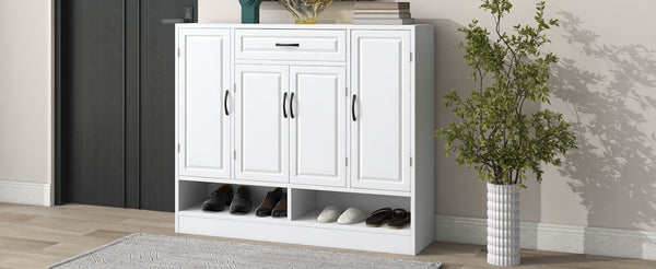 English Elm On-trend White Entryway Shoe Cabinet Grooved Doors Adjustable Shelves Sideboard WF304415AAK