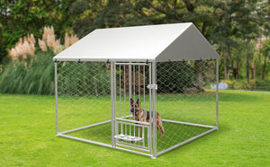 English Elm Large Galvanized Steel Dog Kennel Outdoor Run with Swivel Feeder and Uv Cover W1162P146239