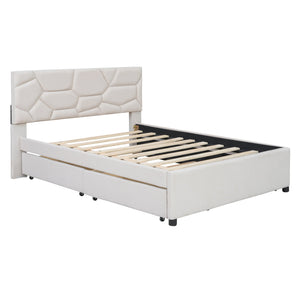 English Elm Full Upholstered Platform Bed with Brick-Pattern Headboard, Twin Trundle & 2 Drawers, Linen Finish Beige SF000233AAA