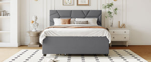 English Elm Full Upholstered Platform Bed with Brick-Pattern Headboard, Twin Trundle & 2 Drawers, Linen Finish Gray SF000233AAE
