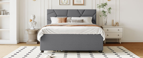 English Elm Full Upholstered Platform Bed with Brick-Pattern Headboard, Twin Trundle & 2 Drawers, Linen Finish Gray SF000233AAE