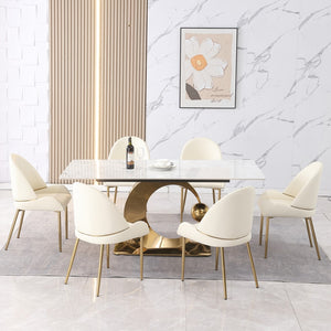 English Elm 71-Inch Stone Diningtable With Carrara White Color and Round Special Shape Carbon Steel Pedestal Base With 6 Piece s Chairs