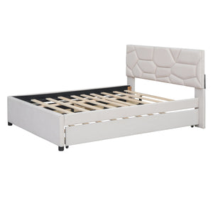 English Elm Full Upholstered Platform Bed with Brick-Pattern Headboard, Twin Trundle & 2 Drawers, Linen Finish Beige SF000233AAA
