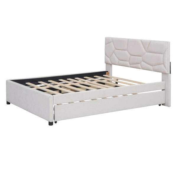 English Elm Full Upholstered Platform Bed with Brick-Pattern Headboard, Twin Trundle & 2 Drawers, Linen Finish Beige SF000233AAA