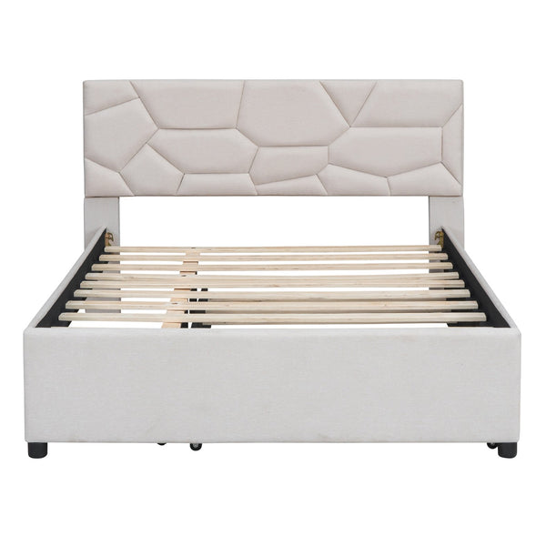 English Elm Full Upholstered Platform Bed with Brick-Pattern Headboard and Pull-Out Twin Trundle, Linen Fabric Comfort Beige SF000003AAA