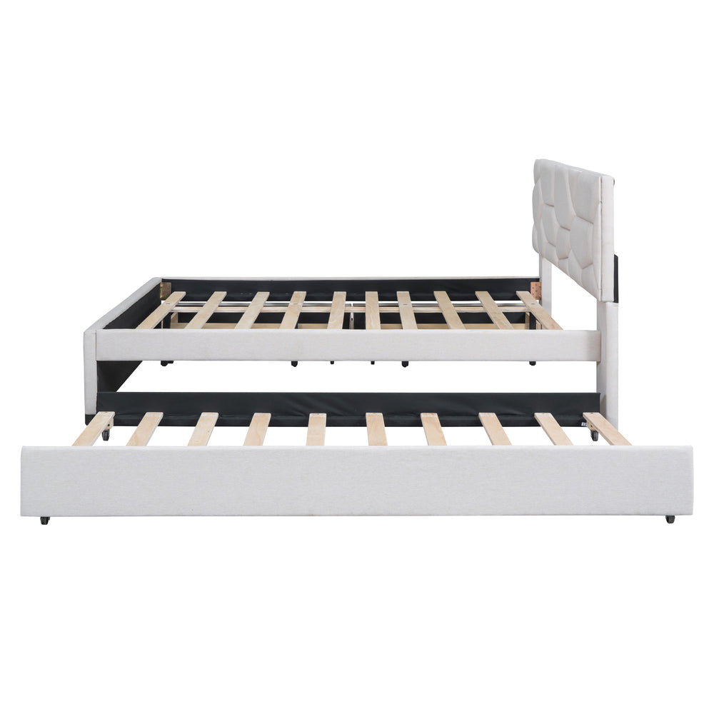 English Elm Full Upholstered Platform Bed with Brick-Pattern Headboard, Twin Trundle & 2 Drawers, Linen Finish Beige SF000233AAA