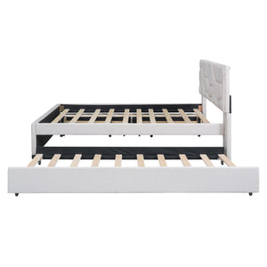 English Elm Full Upholstered Platform Bed with Brick-Pattern Headboard, Twin Trundle & 2 Drawers, Linen Finish Beige SF000233AAA