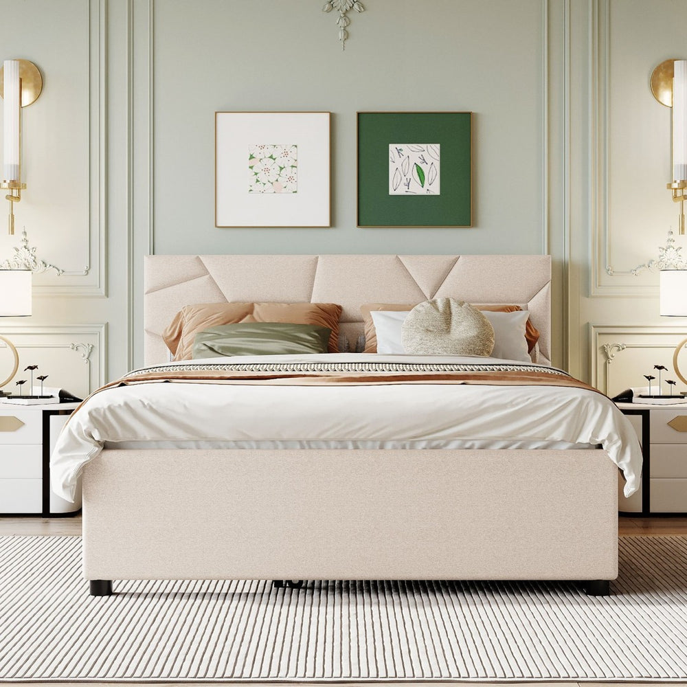 English Elm Queen Linen Upholstered Platform Bed with Brick Textured Headboard and Pull Out Trundle SF000004AAA-1
