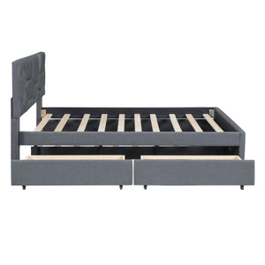 English Elm Full Upholstered Platform Bed with Brick-Pattern Headboard, Twin Trundle & 2 Drawers, Linen Finish Gray SF000233AAE