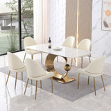 English Elm 71-Inch Stone Diningtable With Carrara White Color and Round Special Shape Carbon Steel Pedestal Base With 6 Piece s Chairs