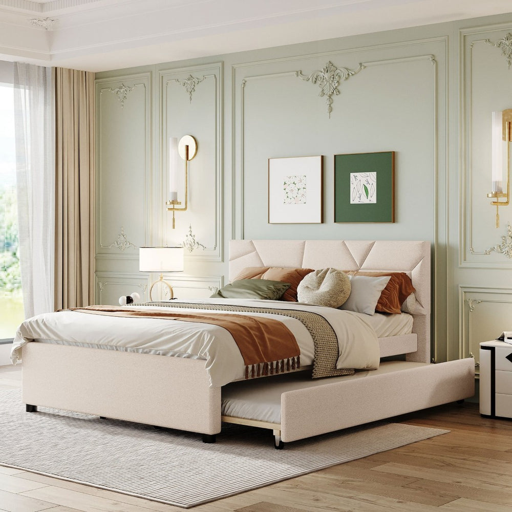 English Elm Queen Linen Upholstered Platform Bed with Brick Textured Headboard and Pull Out Trundle SF000004AAA-1