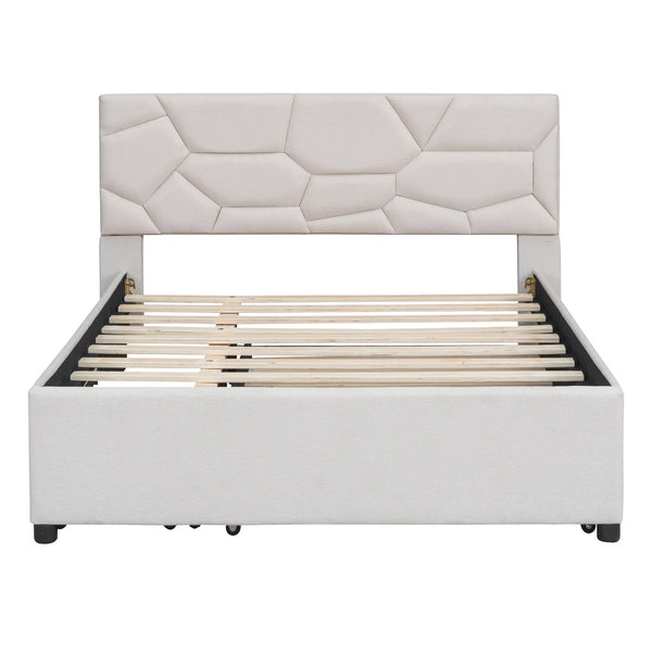 English Elm Full Upholstered Platform Bed with Brick-Pattern Headboard, Twin Trundle & 2 Drawers, Linen Finish Beige SF000233AAA