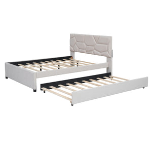 English Elm Full Upholstered Platform Bed with Brick-Pattern Headboard and Pull-Out Twin Trundle, Linen Fabric Comfort Beige SF000003AAA
