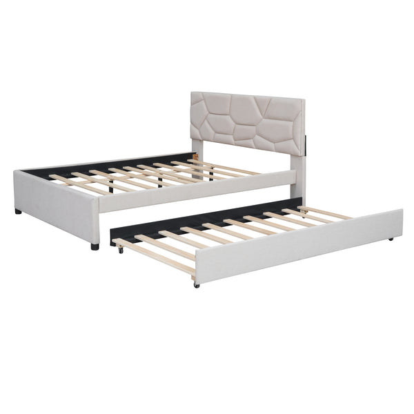 English Elm Full Upholstered Platform Bed with Brick-Pattern Headboard and Pull-Out Twin Trundle, Linen Fabric Comfort Beige SF000003AAA