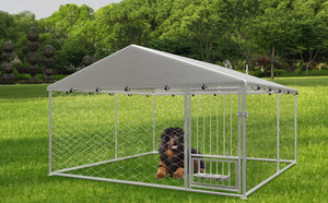 English Elm Large Galvanized Steel Outdoor Dog Kennel with Swivel Feeder and Uv Weatherproof Cover W1162P169897