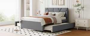 English Elm Full Upholstered Platform Bed with Brick-Pattern Headboard, Twin Trundle & 2 Drawers, Linen Finish Gray SF000233AAE